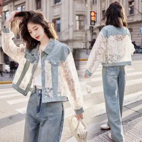 2024 new summer style street fashion short lace splicing denim sun protection clothing fashionable casual shirt jacket trend