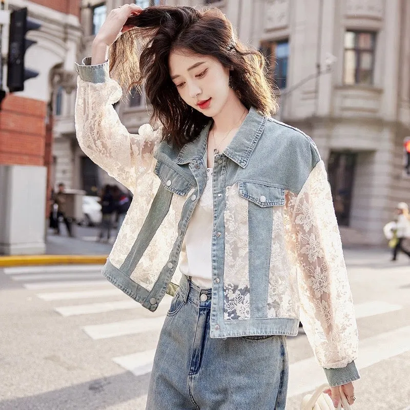 2024 new summer style street fashion short lace splicing denim sun protection clothing fashionable casual shirt jacket trend