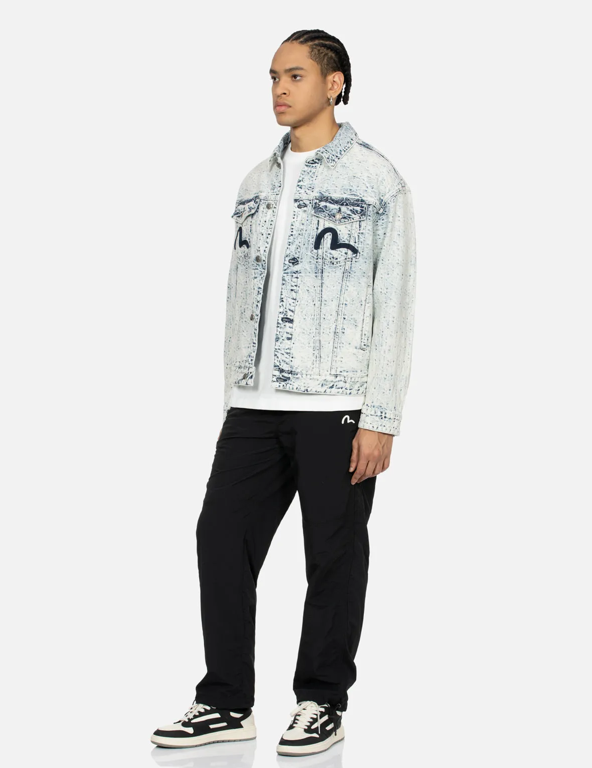 Allover Kamon Jacquard and Seagull Embroidery Loose Fit Denim Jacket