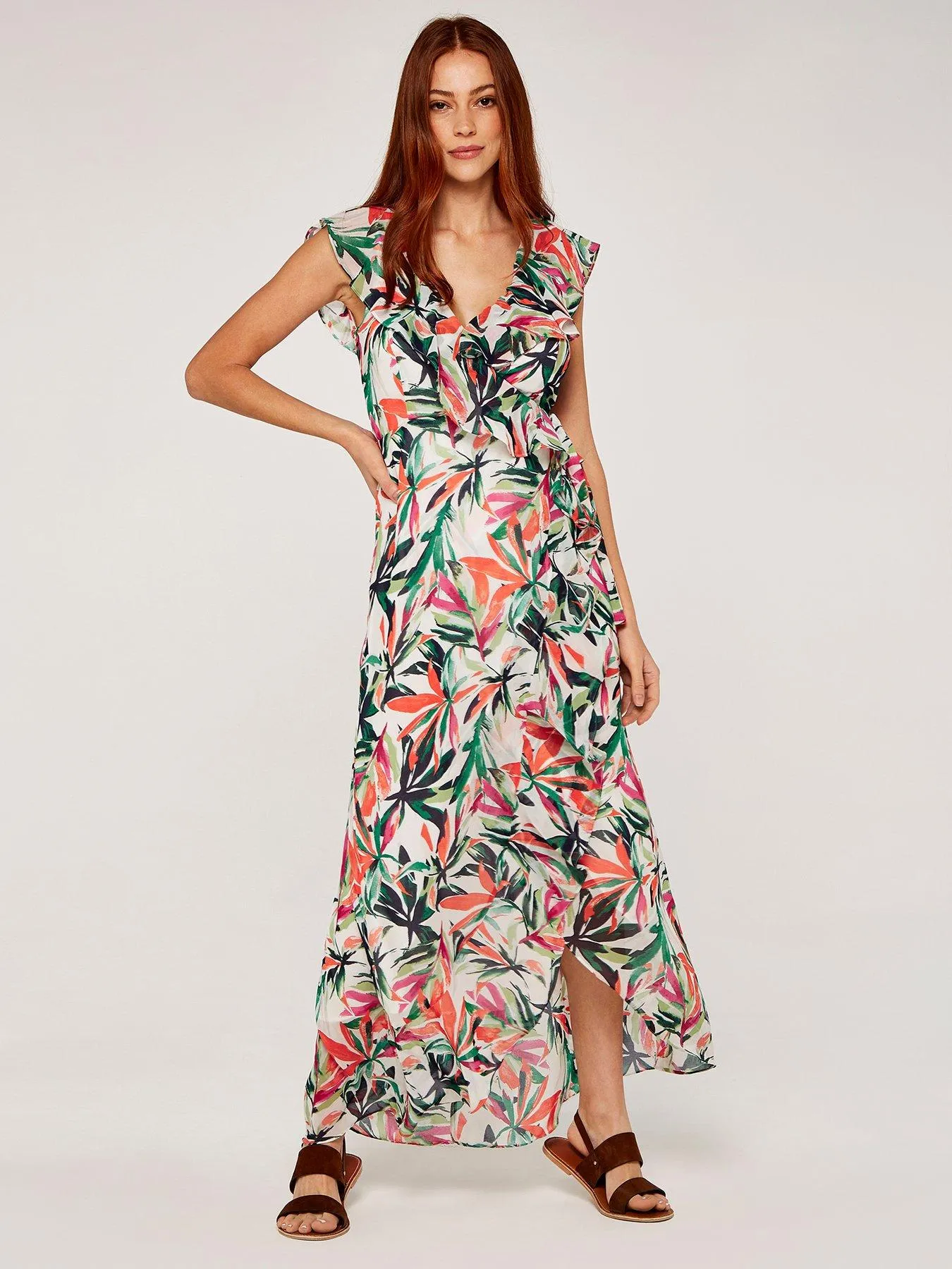 Apricot Palm Print Ruffle Wrap Midi Dress - Cream