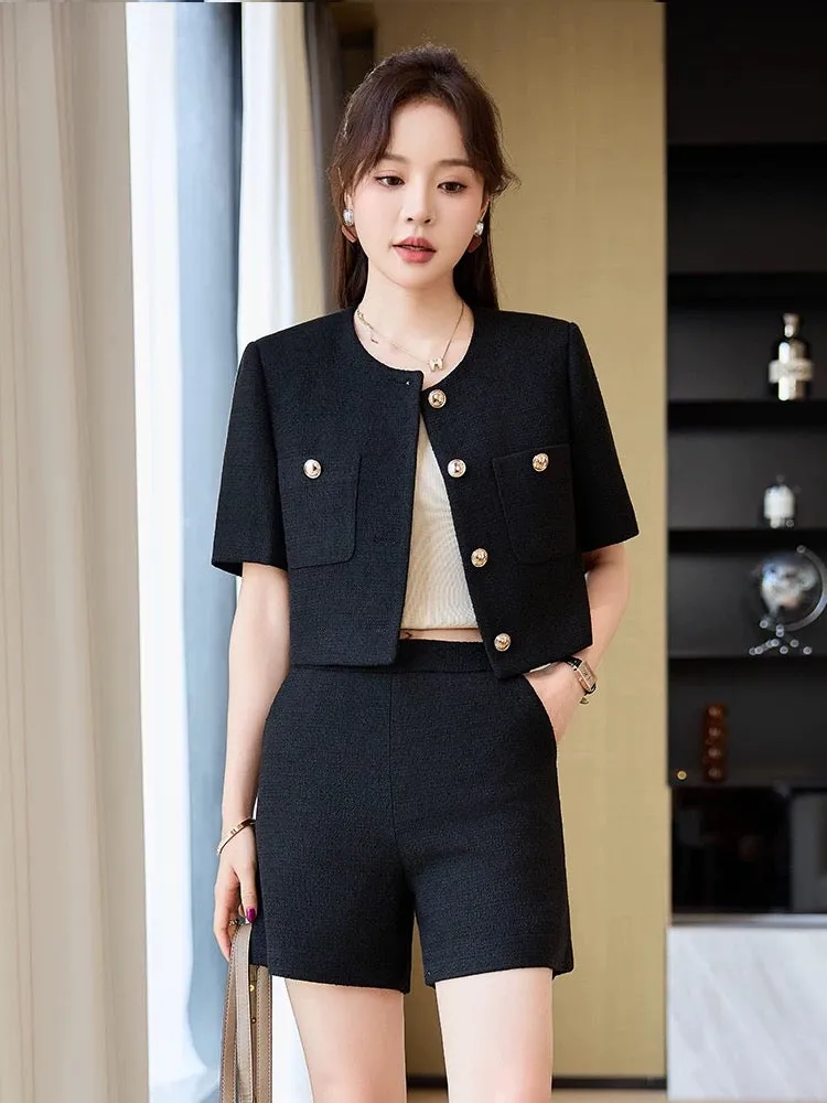 Black small fragrant jacket for women summer 2024 new fashion age-reducing casual small man jacket and shorts two-piece set