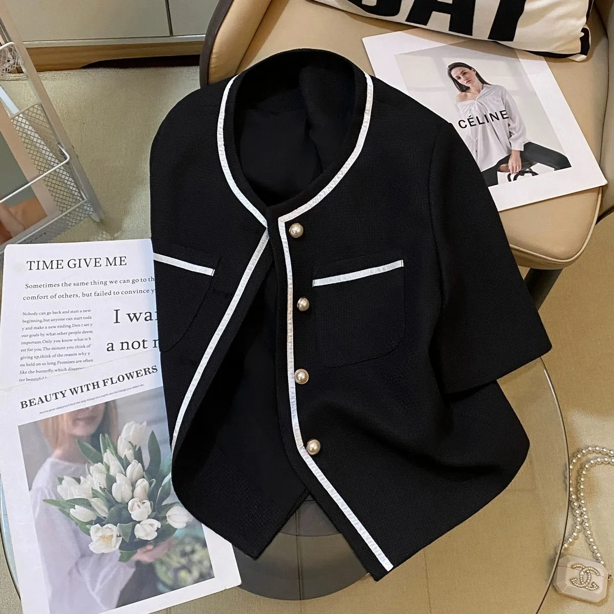 Black small fragrant style suit jacket for women 2024 summer new style French light luxury simple ladylike temperament versatile