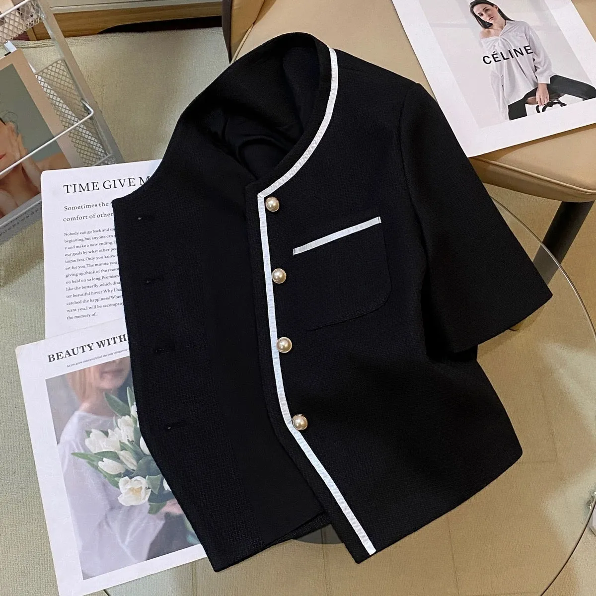 Black small fragrant style suit jacket for women 2024 summer new style French light luxury simple ladylike temperament versatile