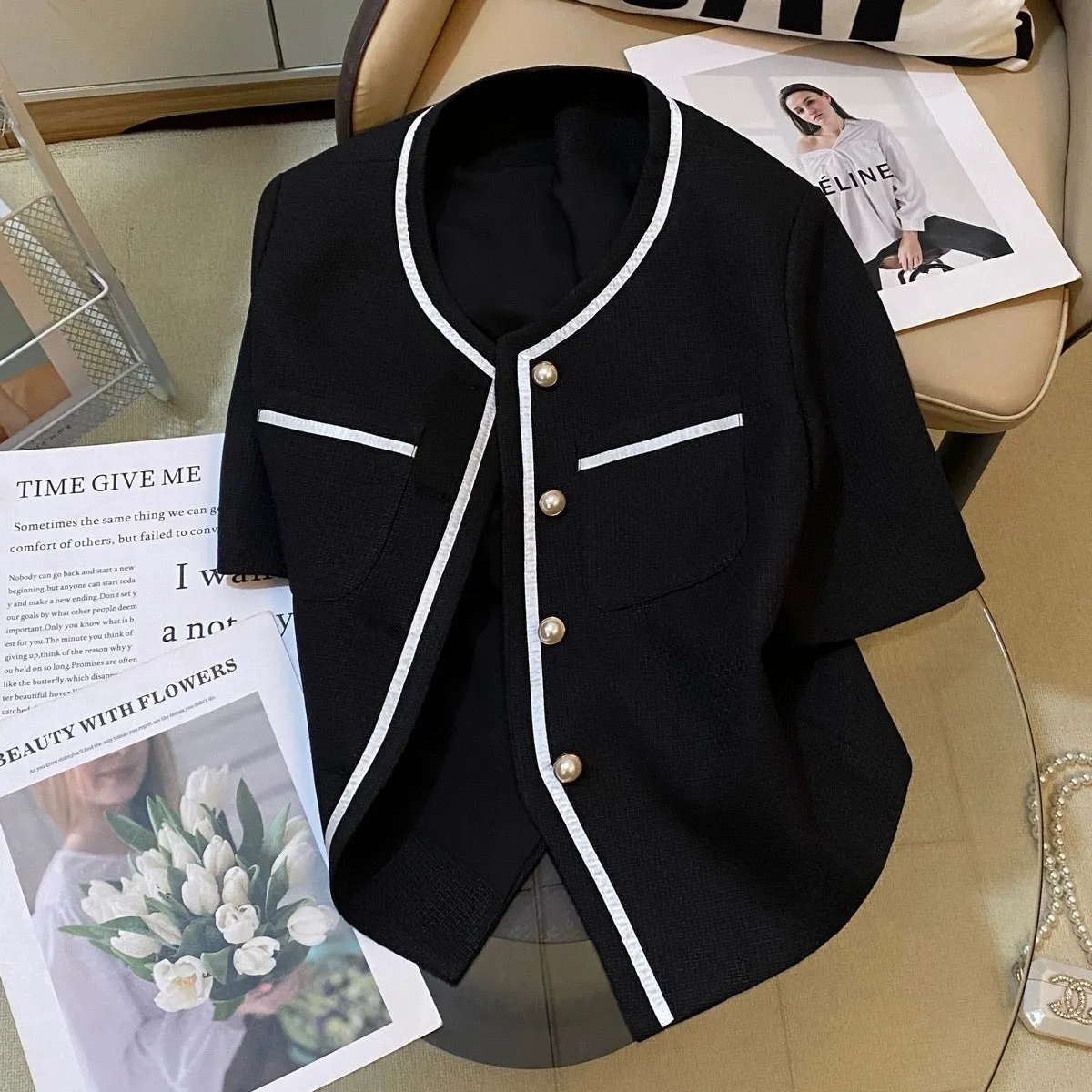 Black small fragrant style suit jacket for women 2024 summer new style French light luxury simple ladylike temperament versatile