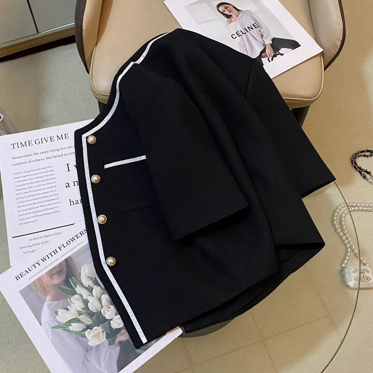 Black small fragrant style suit jacket for women 2024 summer new style French light luxury simple ladylike temperament versatile