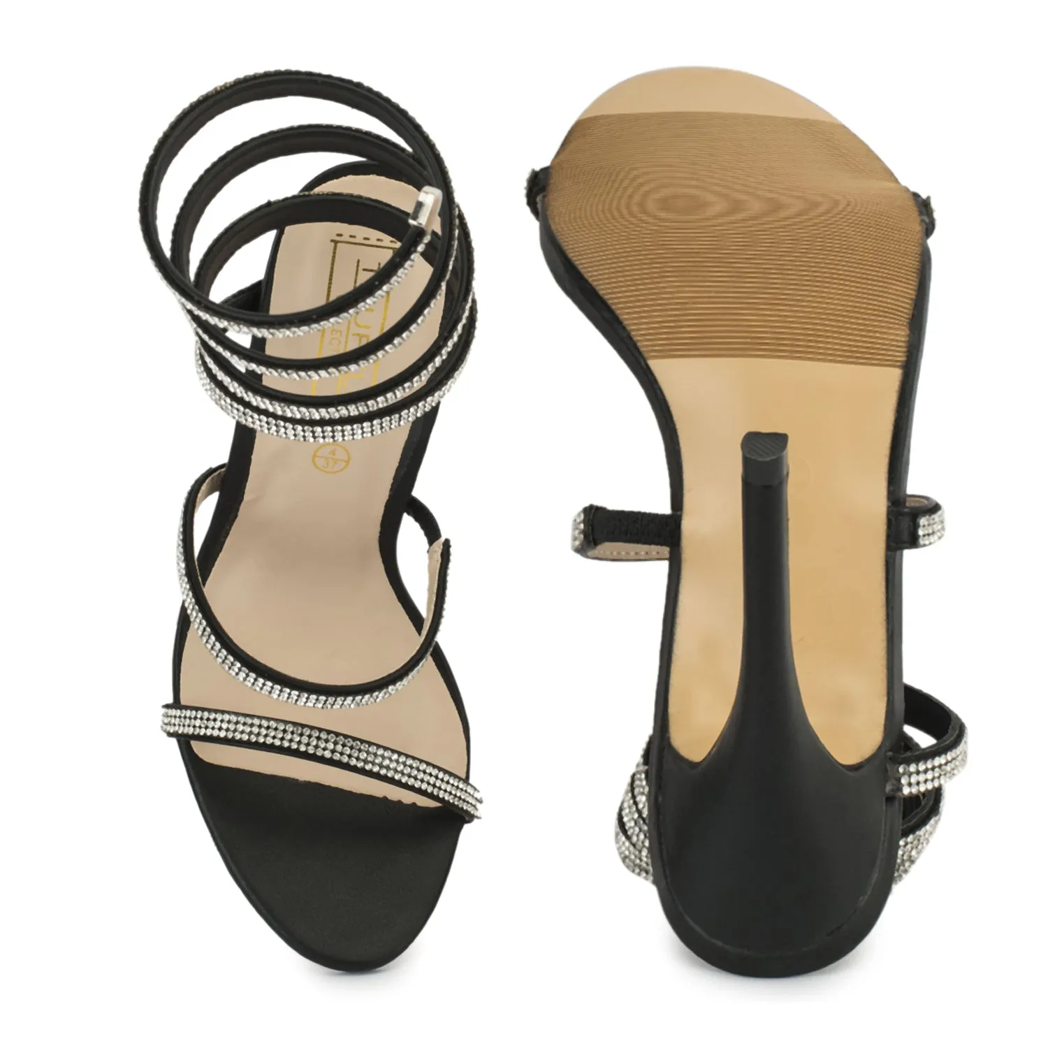 Black Stiletto Jewel Wrap Around Sandals