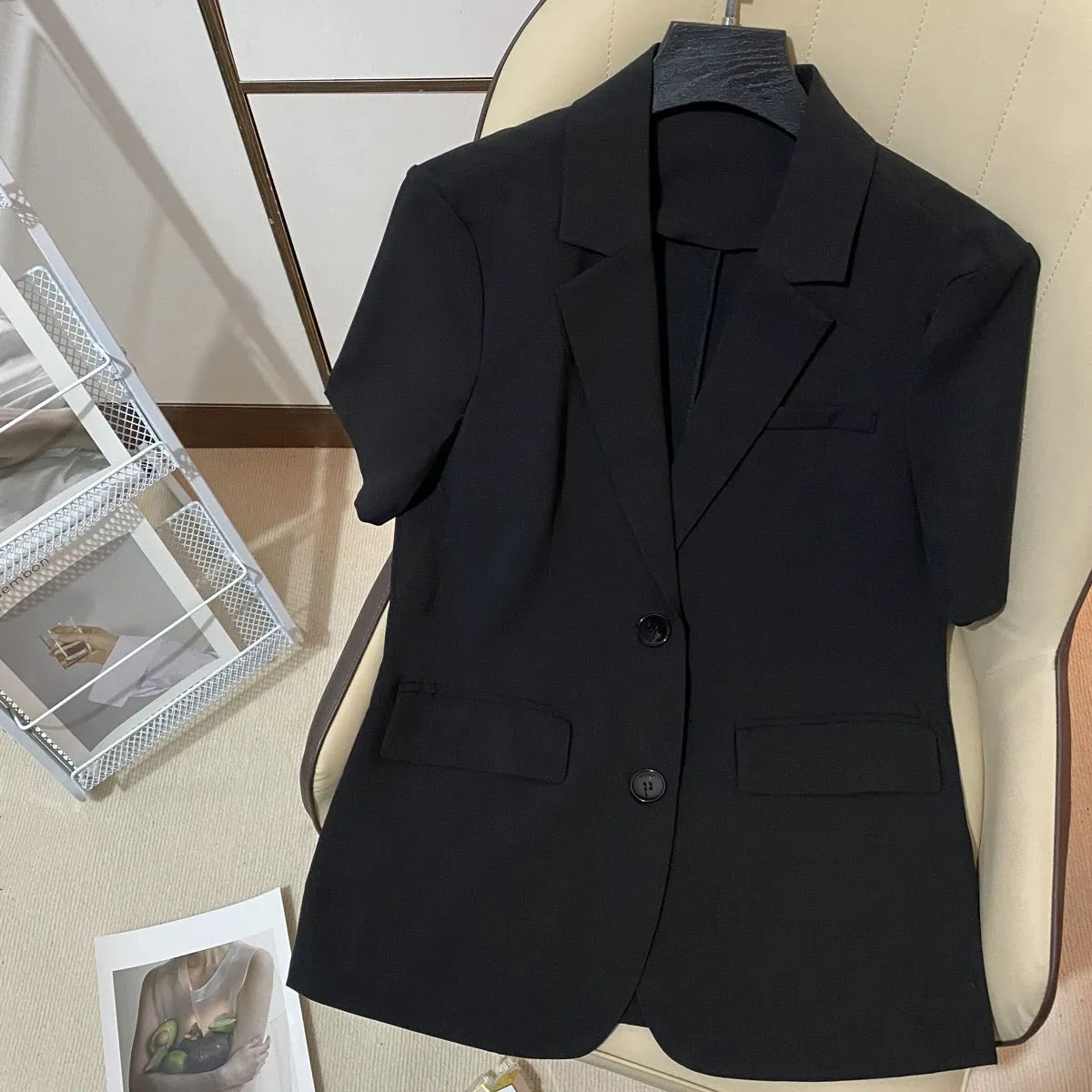 Black thin short-sleeved suit jacket for women 2024 summer new Korean style casual slim and high-end small suit