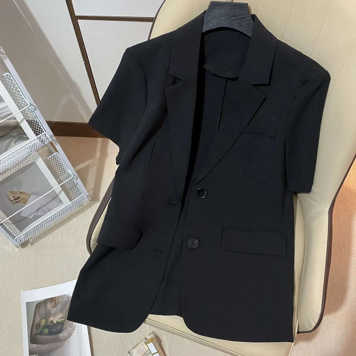 Black thin short-sleeved suit jacket for women 2024 summer new Korean style casual slim and high-end small suit