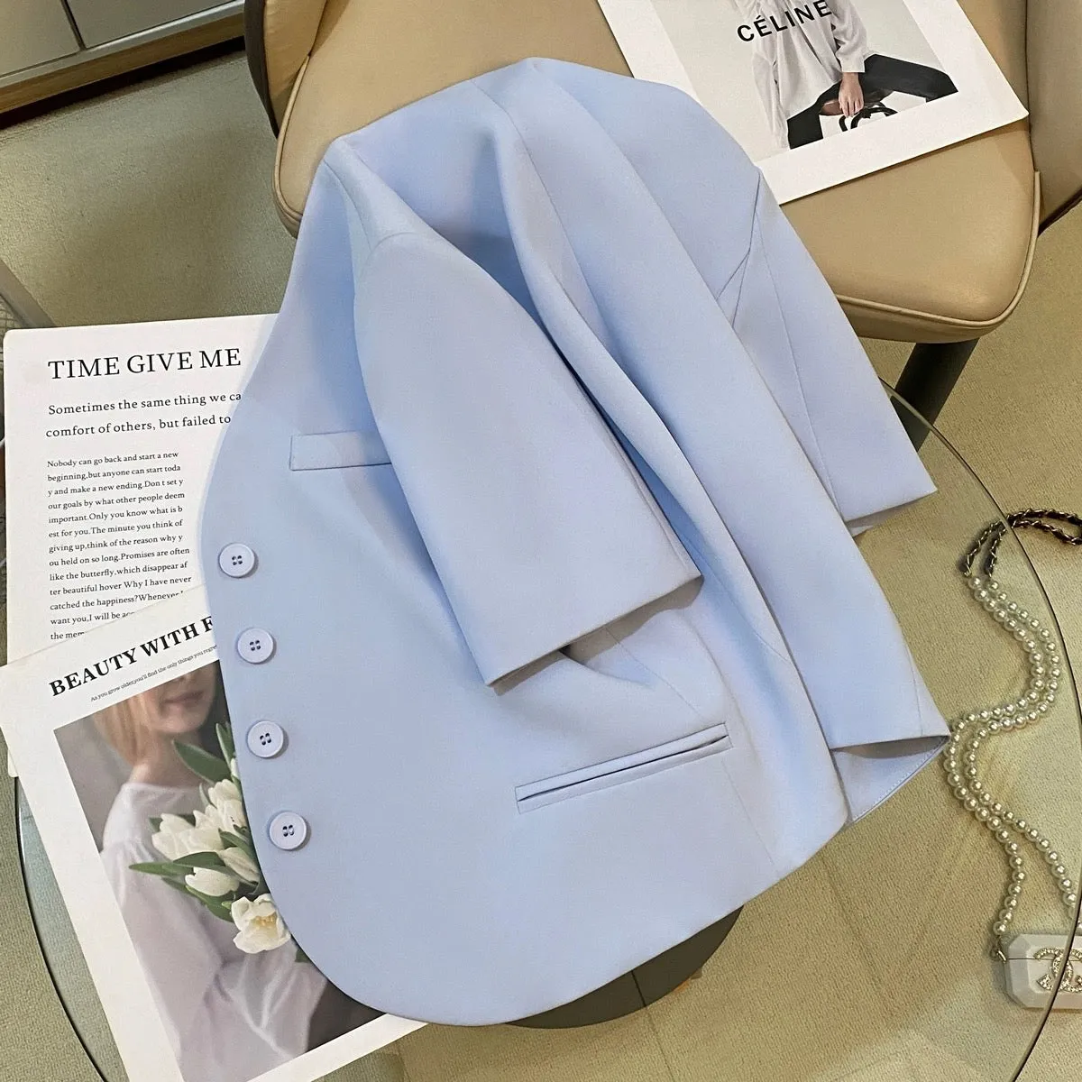 Blue small fragrant style suit jacket for women 2024 summer new Korean fashion casual goddess style slim small suit