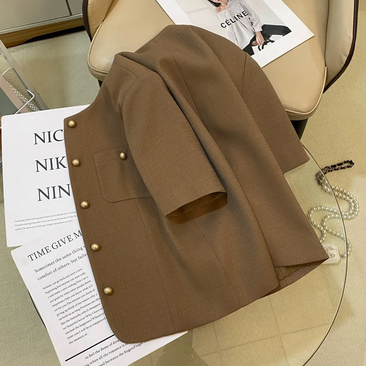 Brown short style short-sleeved suit jacket for women 2024 summer new casual fashion commuting all-match suit