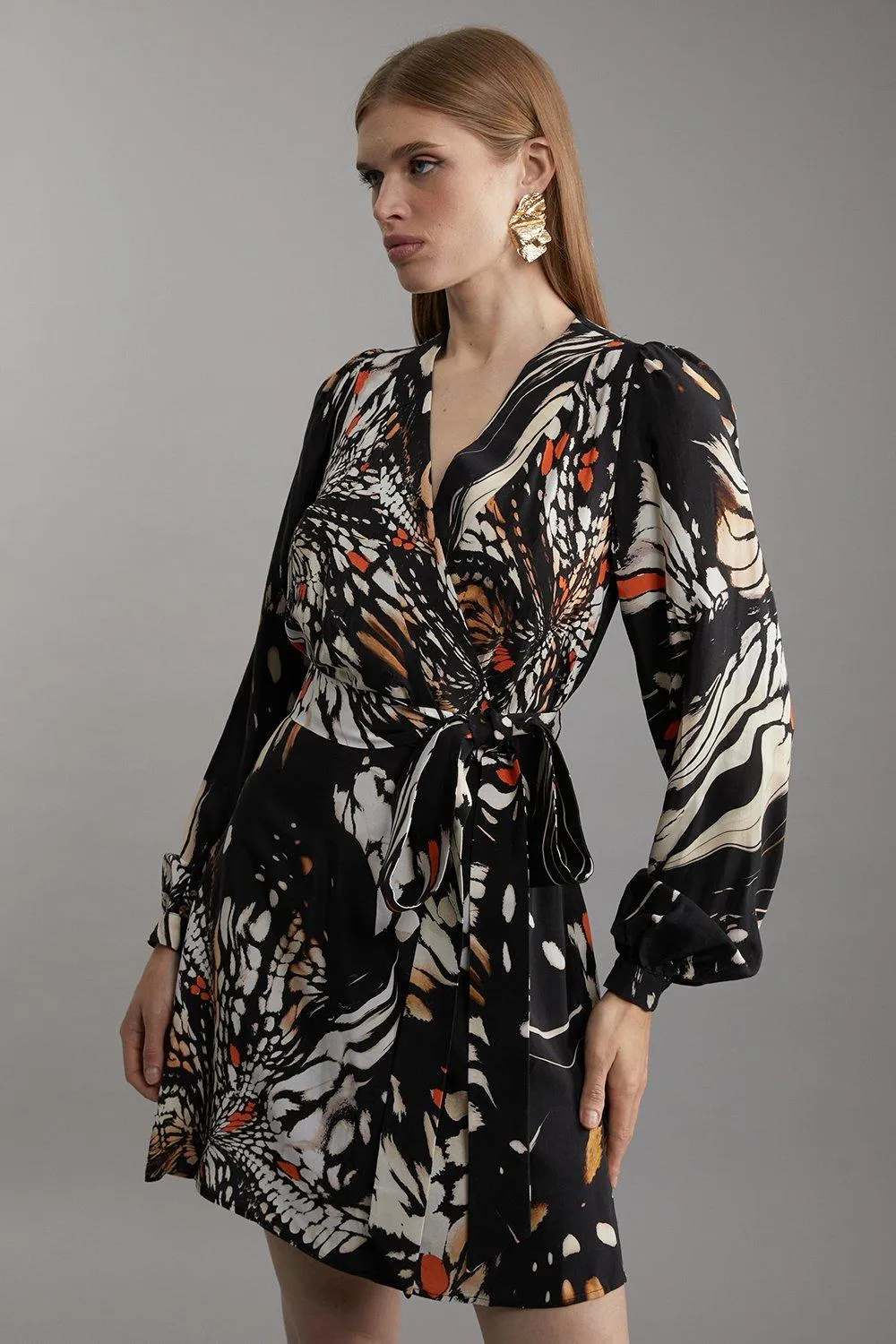 Butterfly Print Viscose Crepe Woven Wrap Mini Dress | Karen Millen