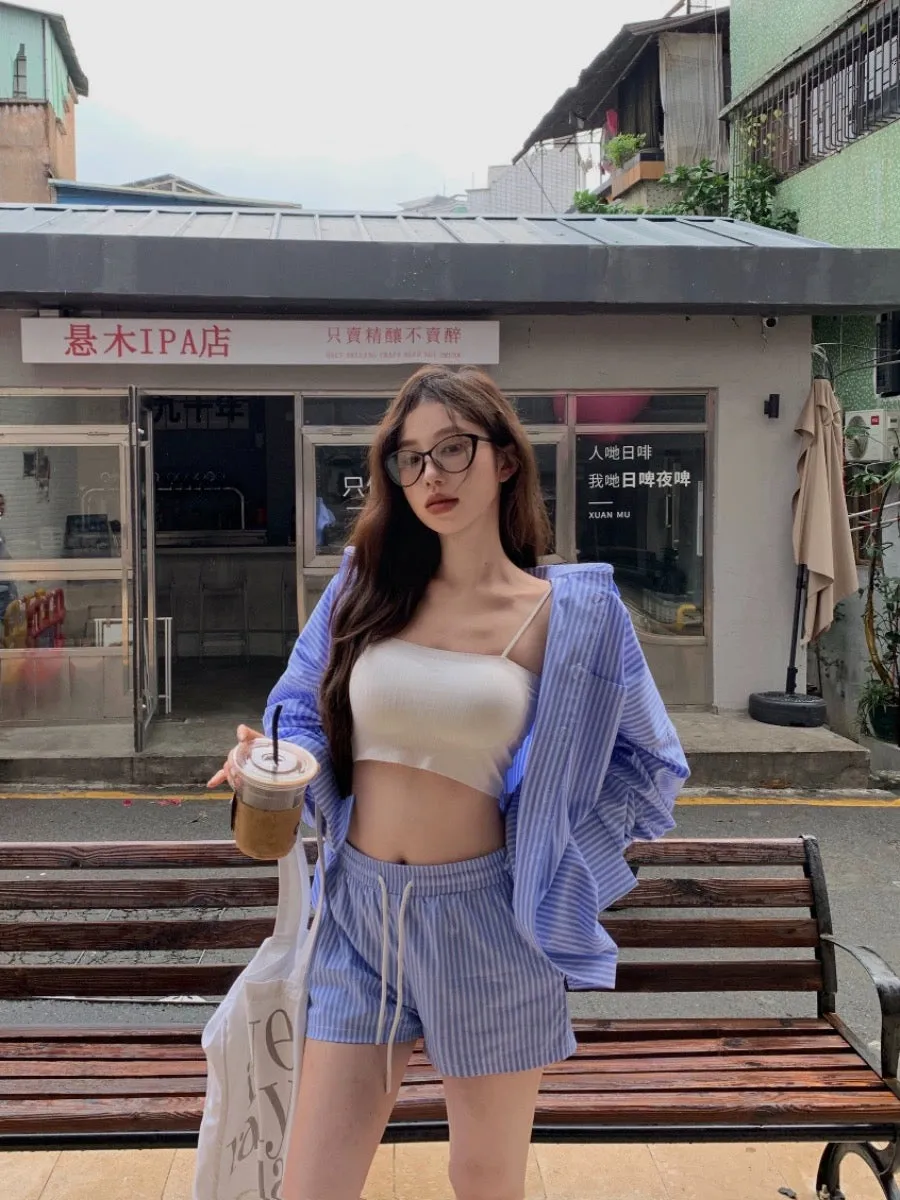 Casual suit blue striped shirt jacket women's white camisole summer high waist drawstring shorts three-piece set