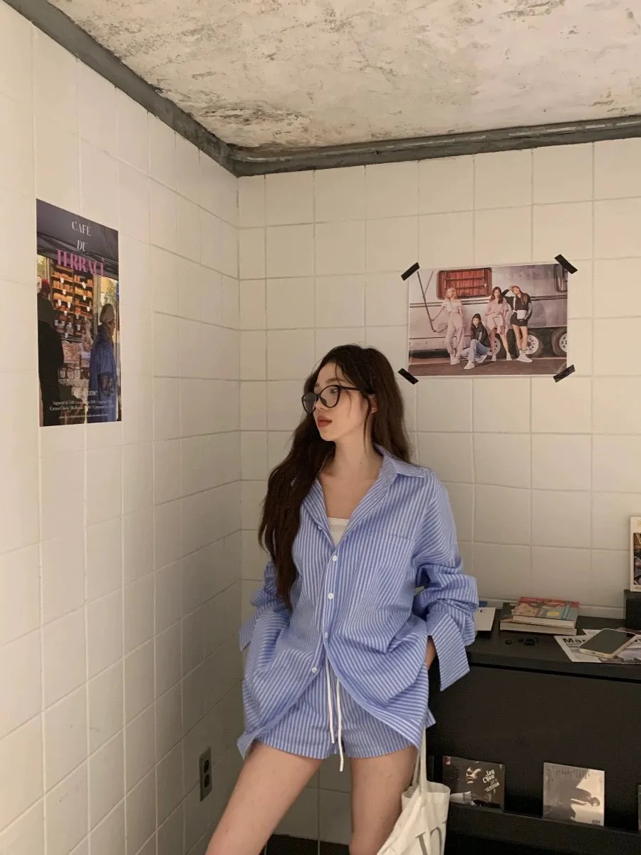 Casual suit blue striped shirt jacket women's white camisole summer high waist drawstring shorts three-piece set