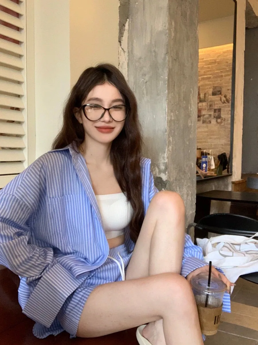 Casual suit blue striped shirt jacket women's white camisole summer high waist drawstring shorts three-piece set