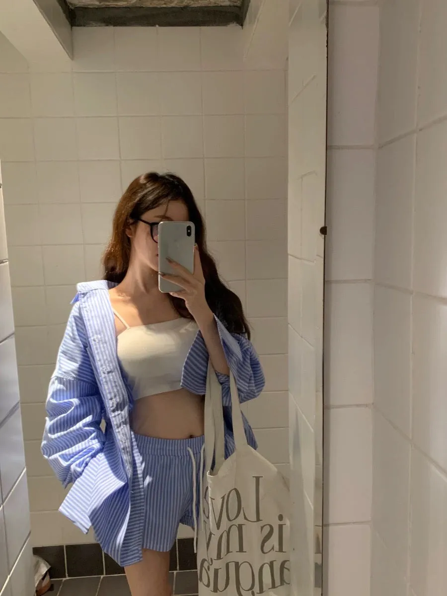 Casual suit blue striped shirt jacket women's white camisole summer high waist drawstring shorts three-piece set