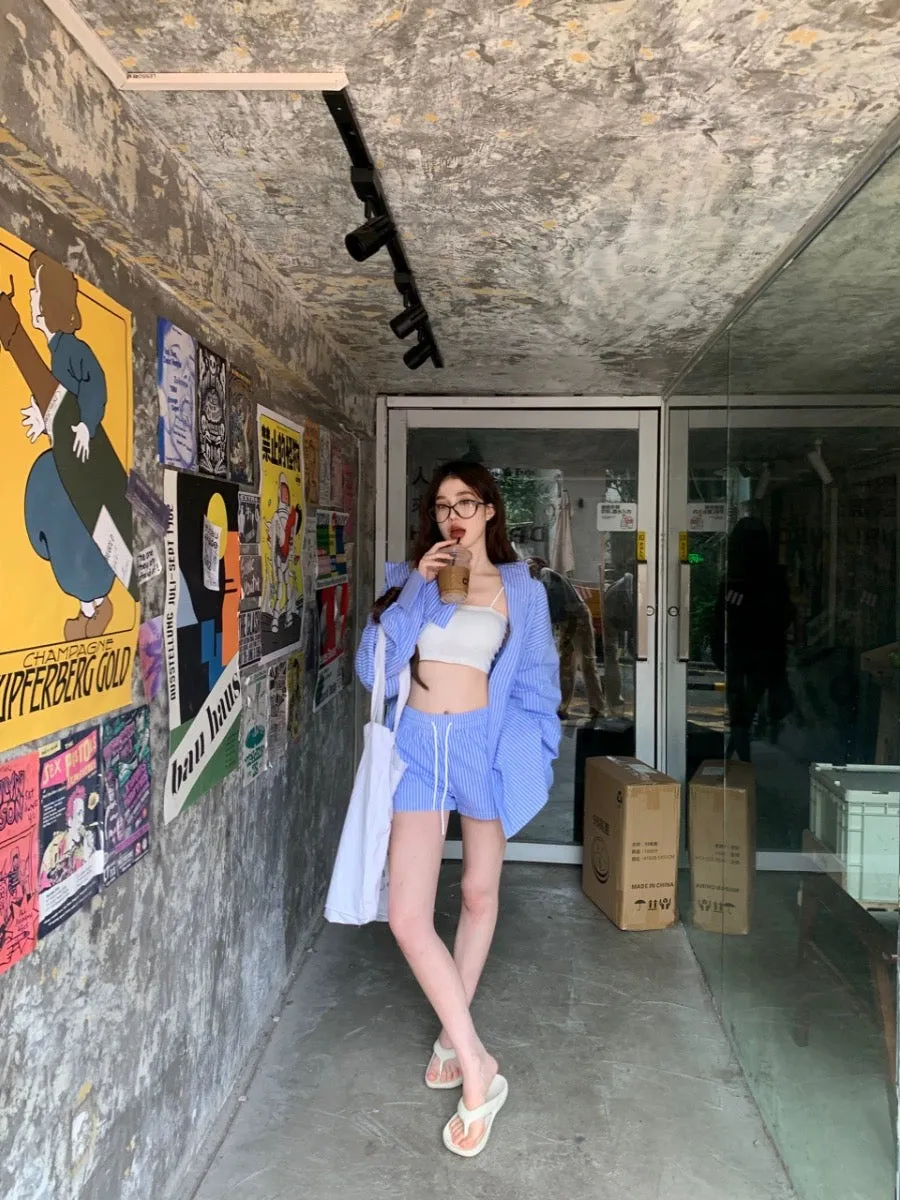 Casual suit blue striped shirt jacket women's white camisole summer high waist drawstring shorts three-piece set