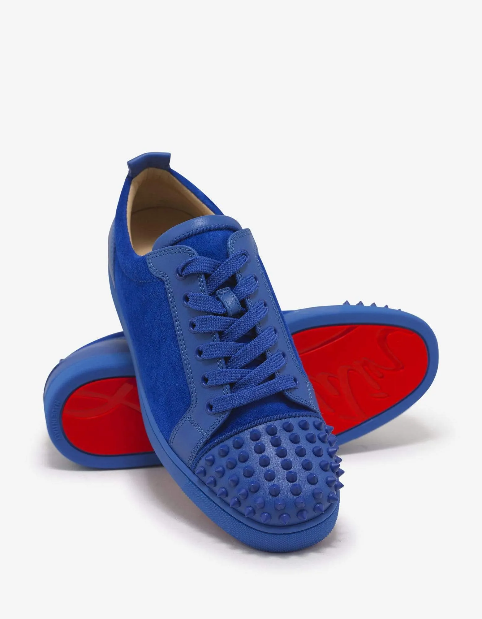 Christian Louboutin Louis Junior Spikes Flat Blue Calf & Suede Trainers