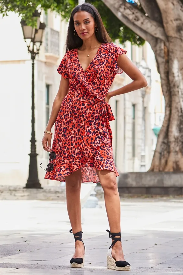 Coral Leopard Short Sleeve Ruffle Detail Wrap Jersey Dress