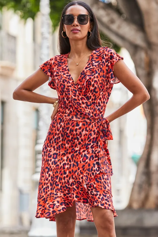 Coral Leopard Short Sleeve Ruffle Detail Wrap Jersey Dress