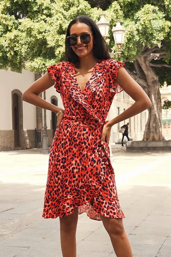 Coral Leopard Short Sleeve Ruffle Detail Wrap Jersey Dress