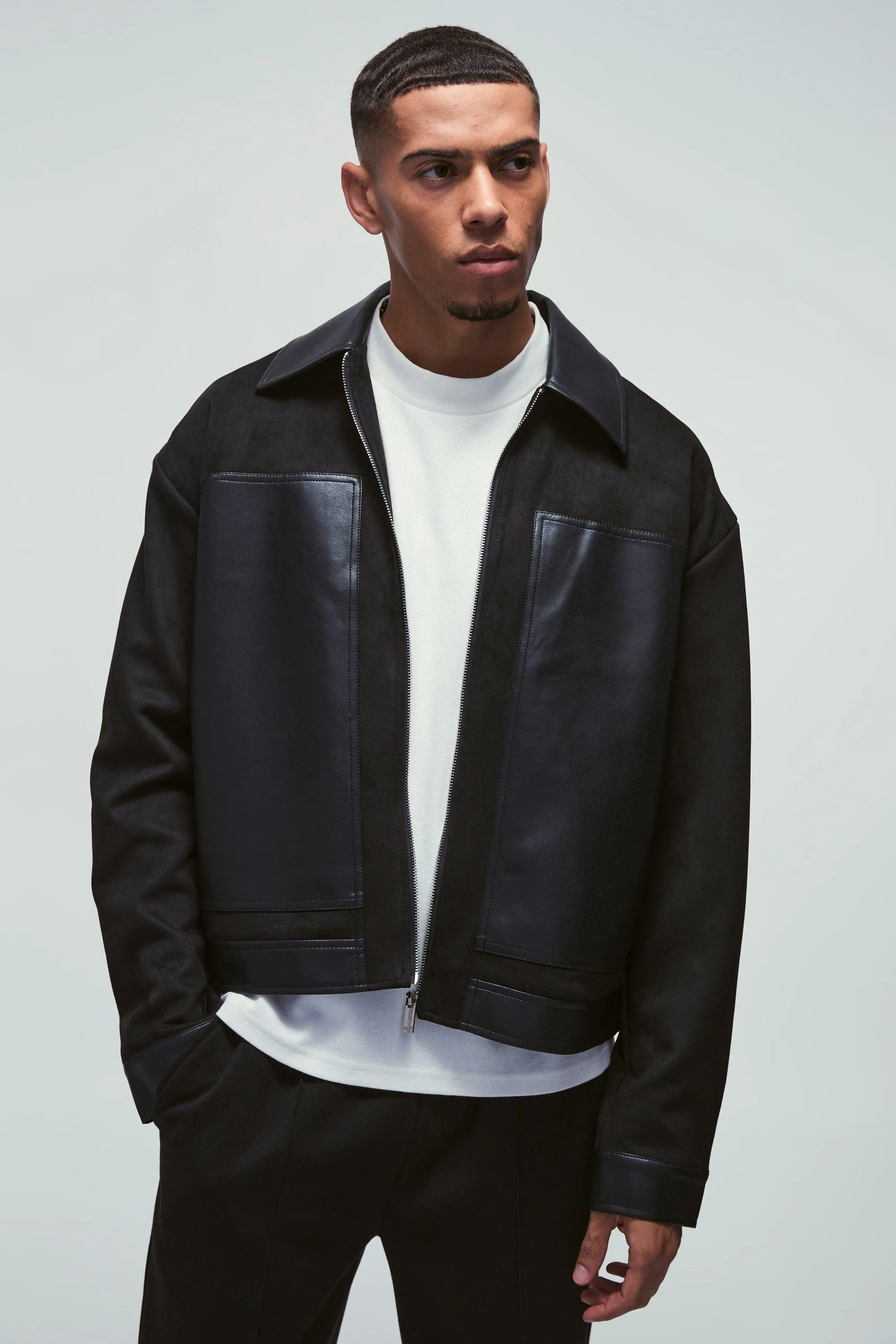 Faux Suede Smart Harrington Jacket with PU Panels in Black