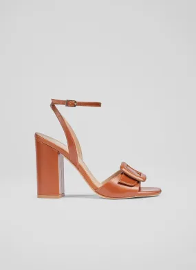 Florance Tan Leather Buckle-Detail Sandals, Brown