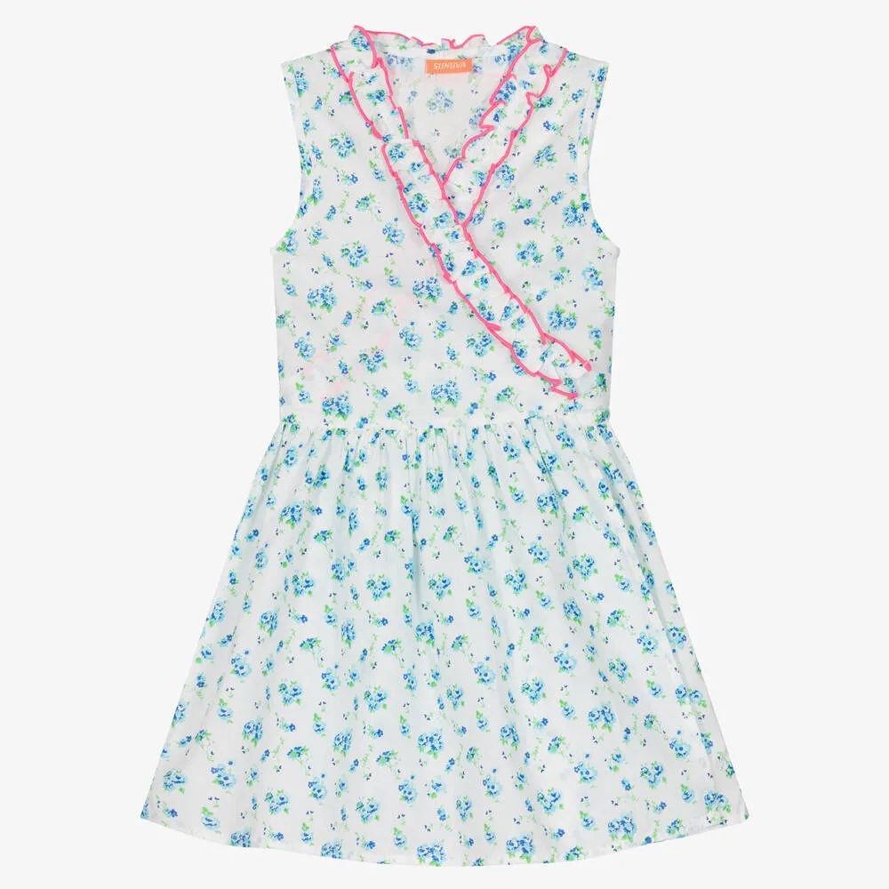 Girls Blue Floral Cotton Wrap Front Dress