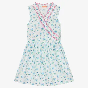 Girls Blue Floral Cotton Wrap Front Dress