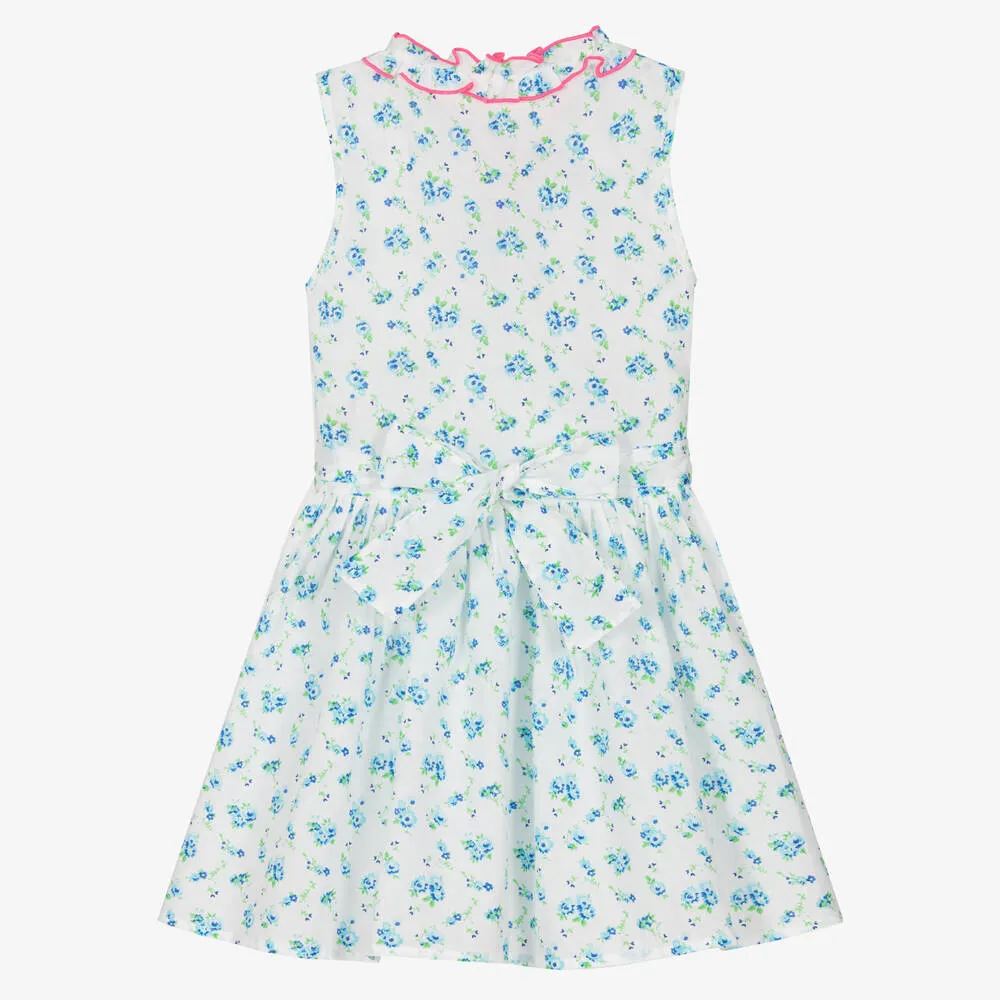 Girls Blue Floral Cotton Wrap Front Dress