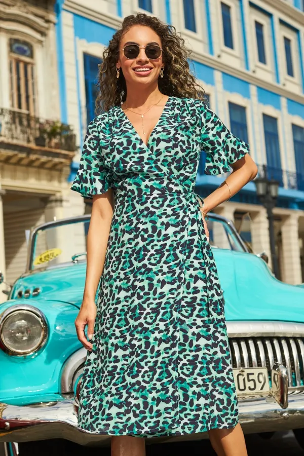 Green Animal Print Fluted Sleeve Faux Wrap Dress