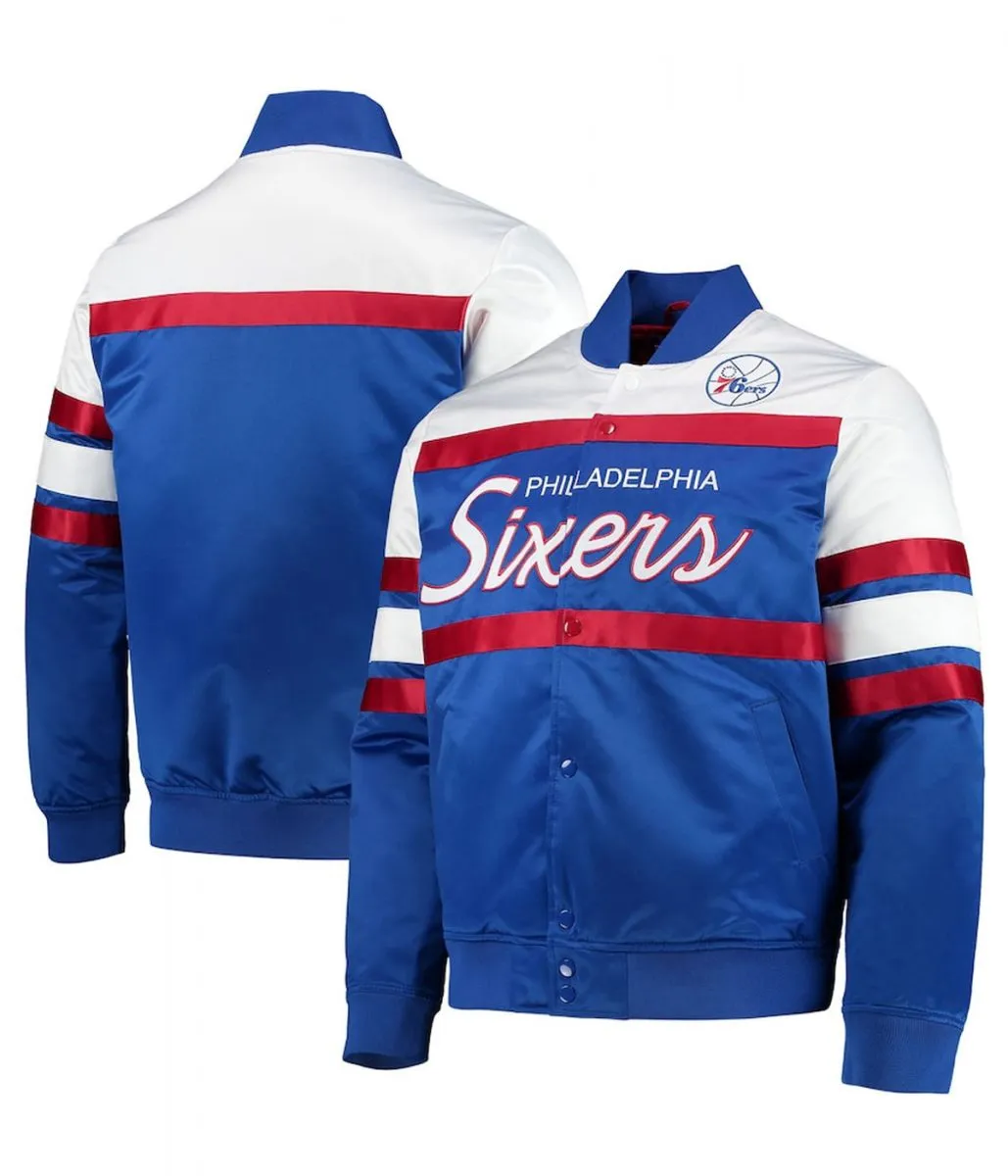 Hardwood Classics Script Philadelphia 76ers Royal Satin Full-Snap Jacket