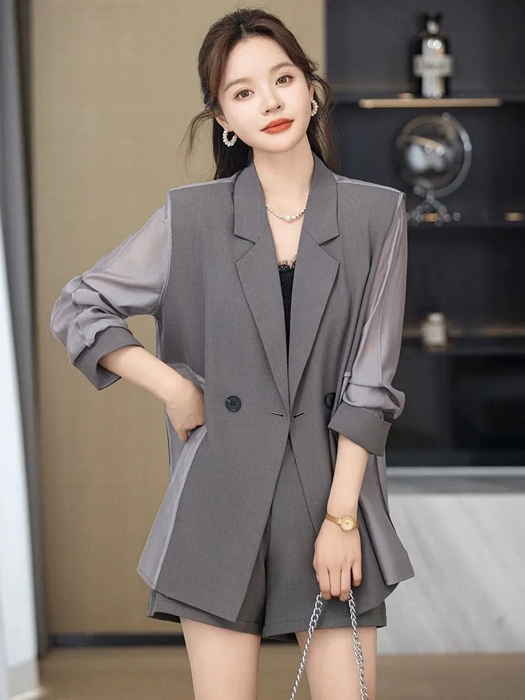 High-end small suit shorts two-piece suit for women summer thin 2024 Korean version large size casual suit jacket for women