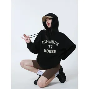 ICH MODE American heavyweight hooded sweatshirt women's 2024 spring, autumn and winter letter loose long-sleeved black jacket to