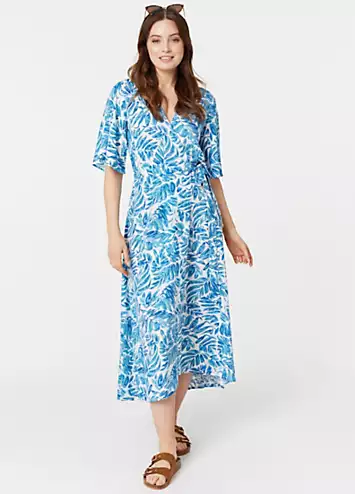 Izabel London Blue Leaf Print Short Sleeve Wrap Dress | Grattan