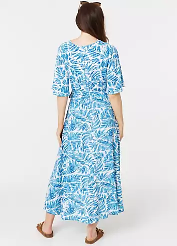 Izabel London Blue Leaf Print Short Sleeve Wrap Dress | Grattan