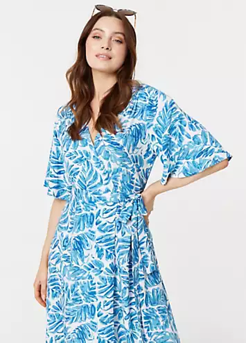 Izabel London Blue Leaf Print Short Sleeve Wrap Dress | Grattan