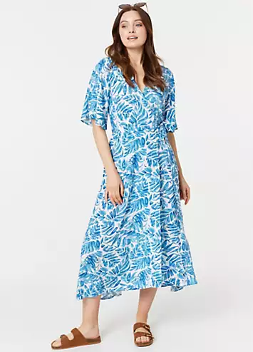 Izabel London Blue Leaf Print Short Sleeve Wrap Dress | Grattan