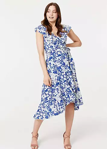 Izabel London Blue Printed Tie Waist Midi Wrap Dress | Grattan