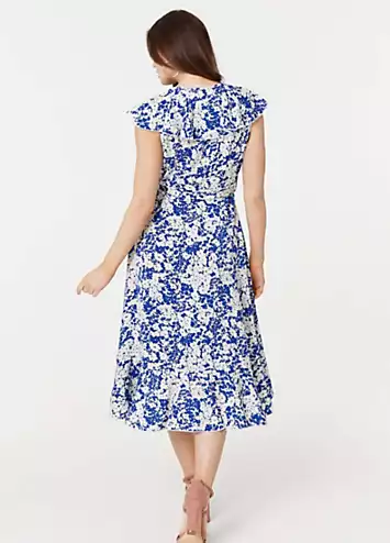 Izabel London Blue Printed Tie Waist Midi Wrap Dress | Grattan