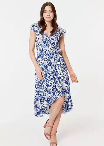 Izabel London Blue Printed Tie Waist Midi Wrap Dress | Grattan