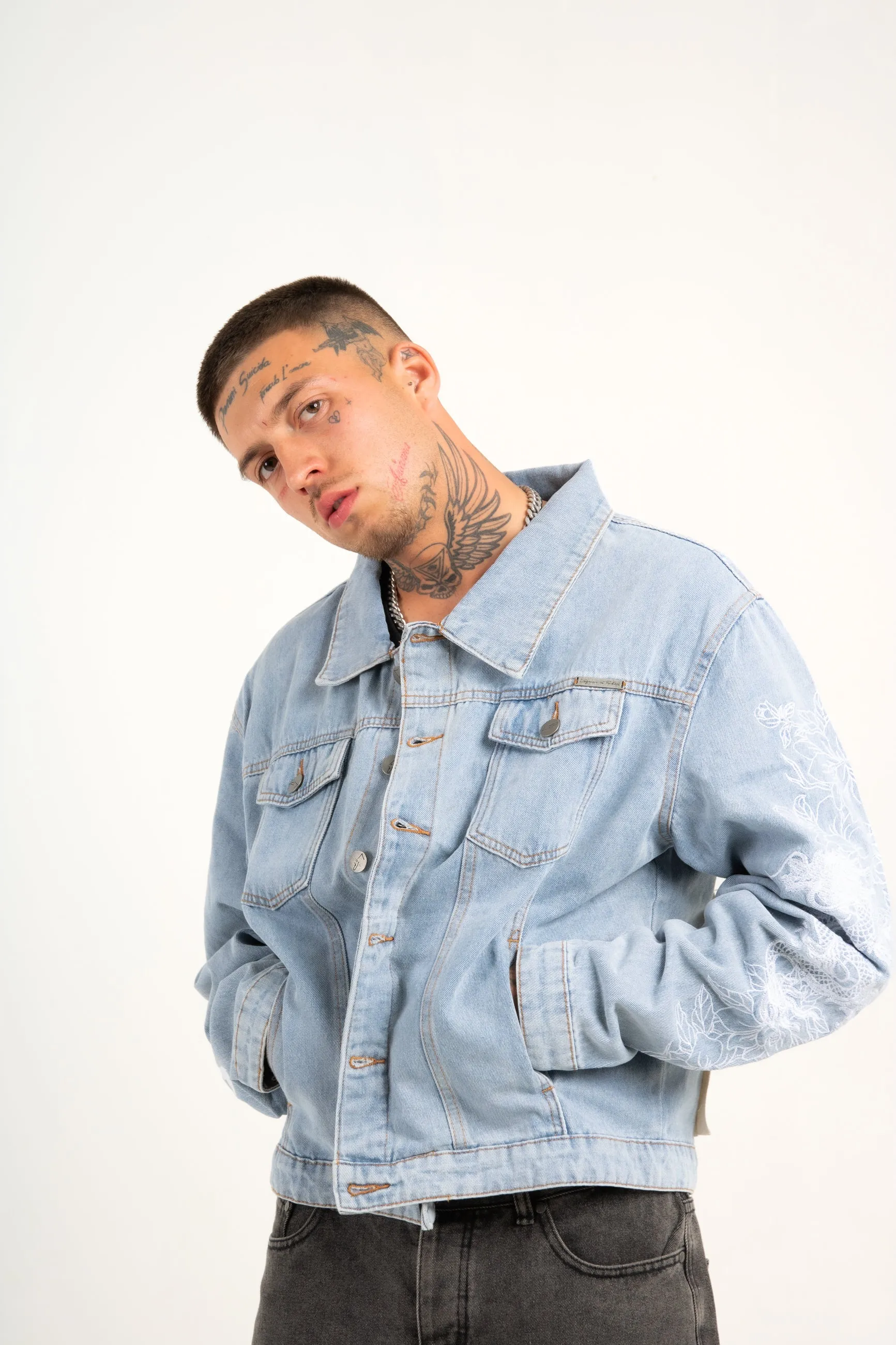 Japanese Graffiti Back Patch Oversized Trucker Jacket in Light Wash