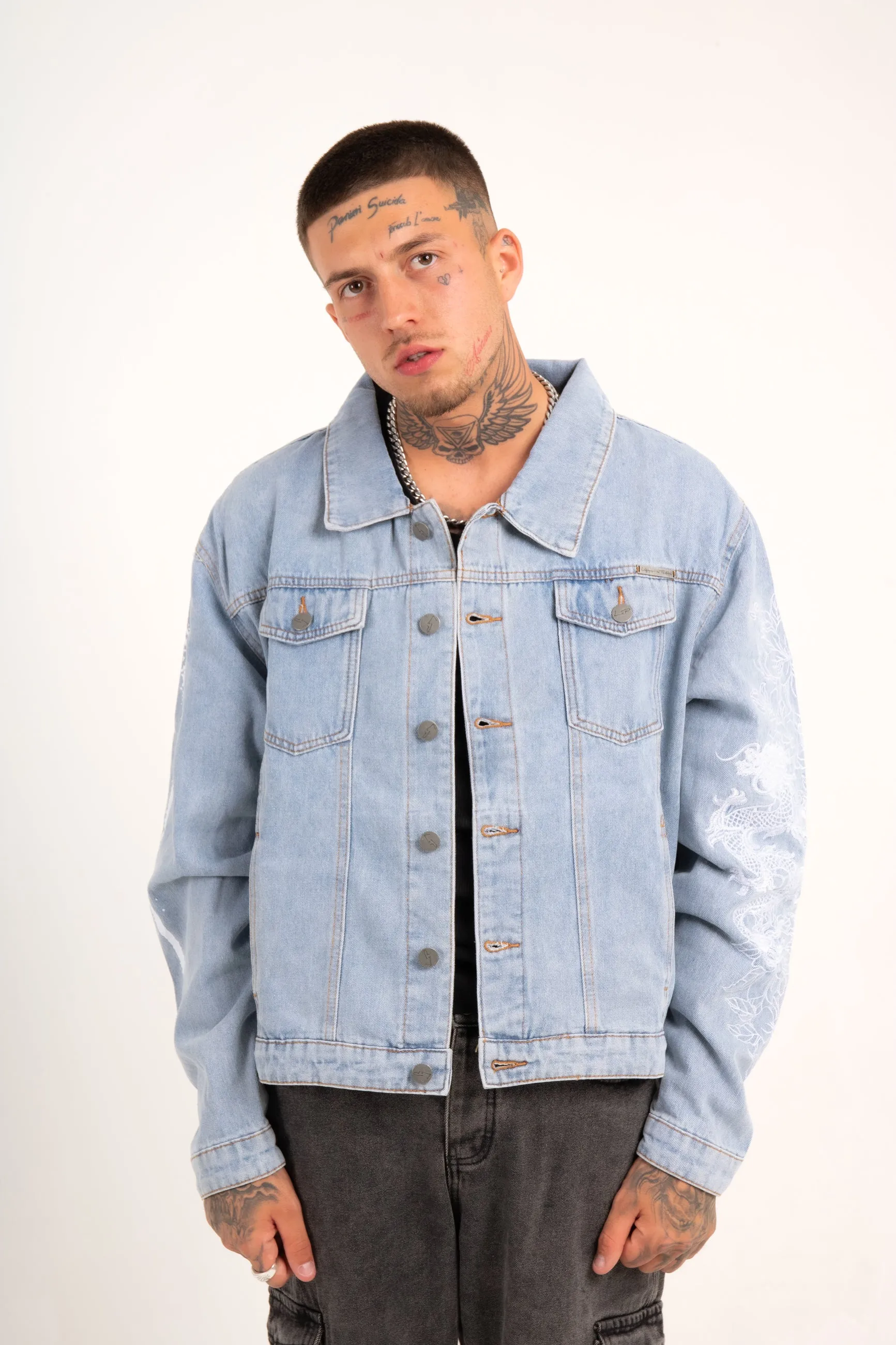 Japanese Graffiti Back Patch Oversized Trucker Jacket in Light Wash