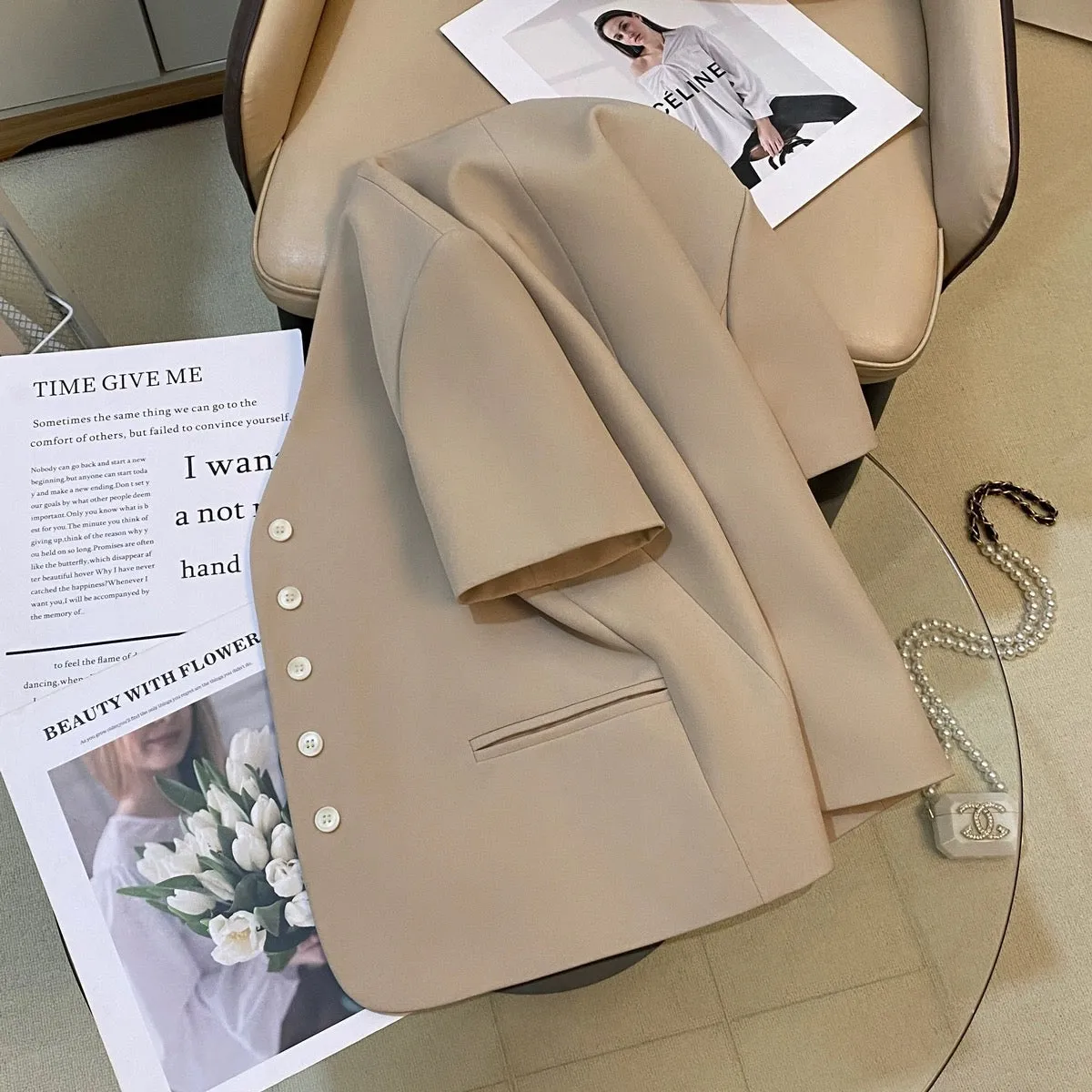 Khaki small fragrant style suit jacket for women 2024 summer new Korean style fashion casual light luxury commuting small suit