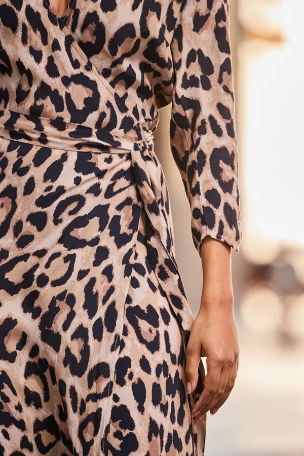 Leopard Print Ruched Sleeve Midi Wrap Dress