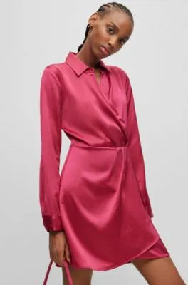 Long-sleeved dress in satin with wrap front