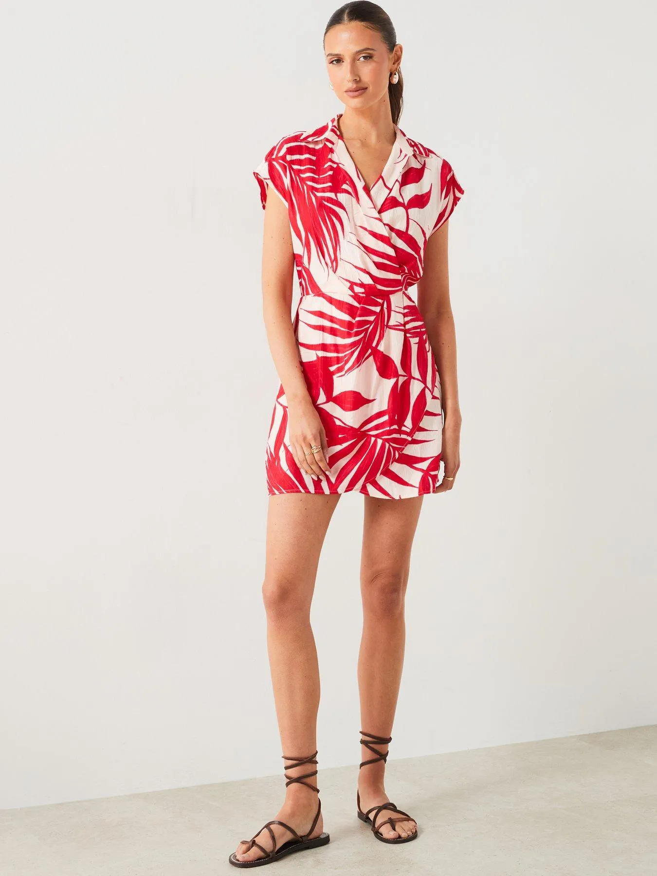 Mango Red Leaf Print Wrap Mini Dress