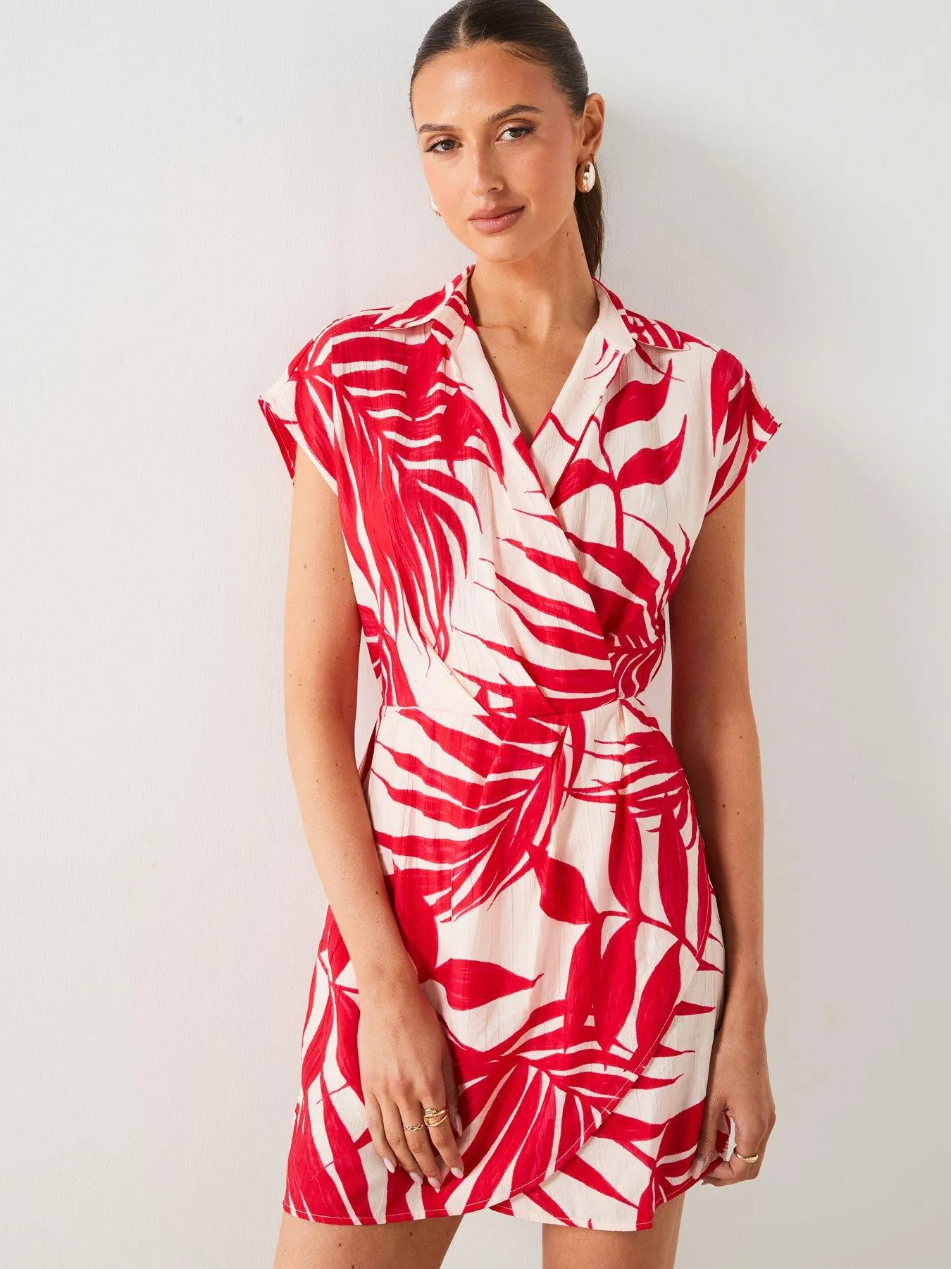 Mango Red Leaf Print Wrap Mini Dress