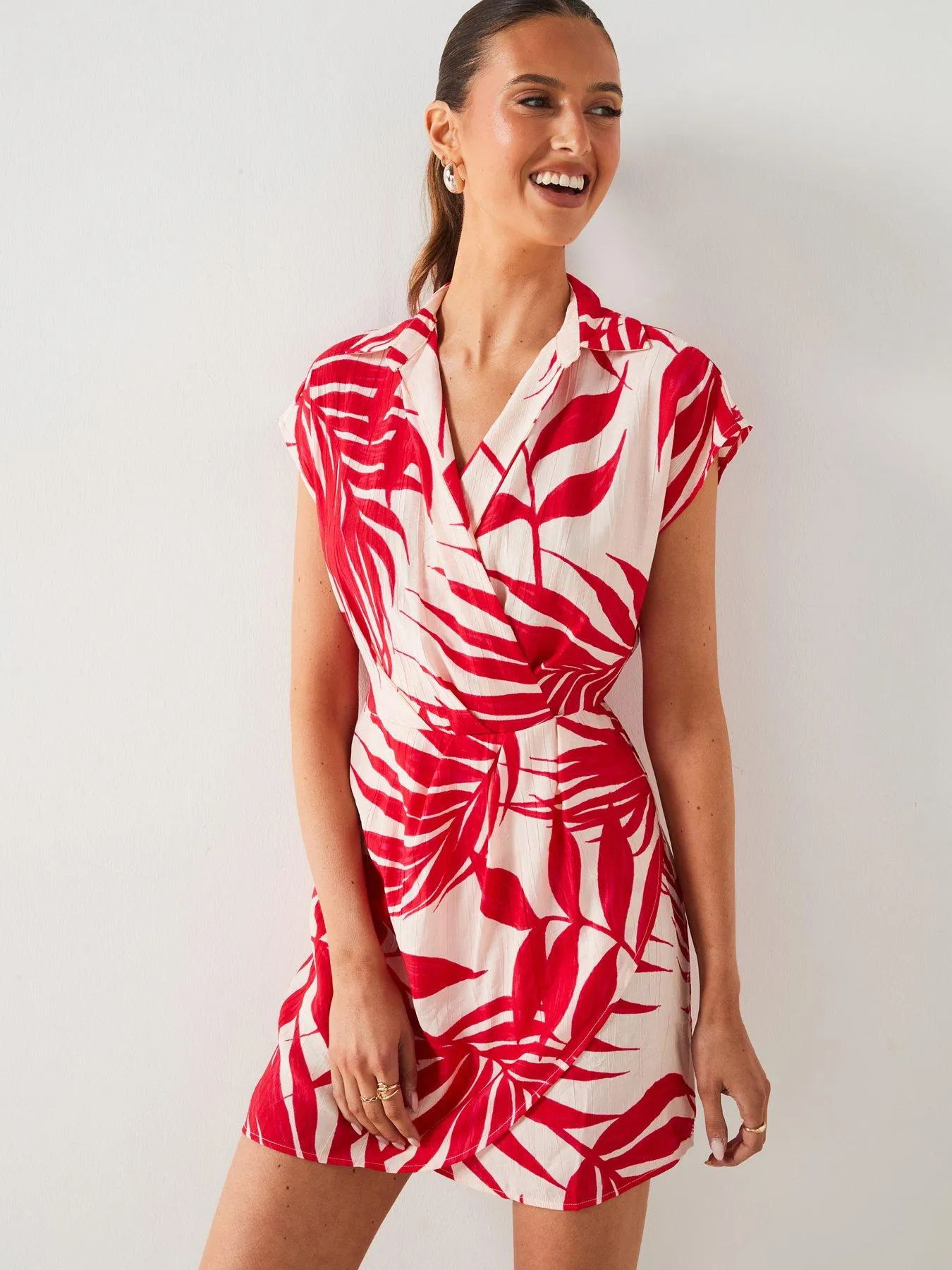 Mango Red Leaf Print Wrap Mini Dress