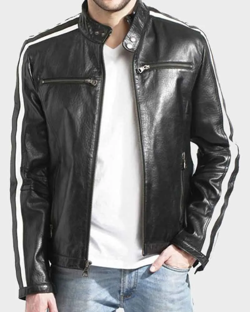 Men's Snap Tab Collar Motorcycle Style Jacket with Striped Sleeves