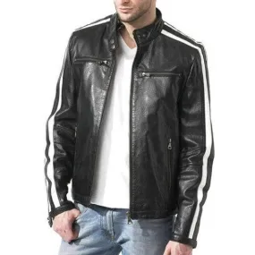 Men's Snap Tab Collar Motorcycle Style Jacket with Striped Sleeves